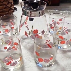 Vintage Lemonaide Teapot With Glasses. Orange Pink Flowers
